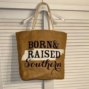 Mud Pie 100% Jute Graphic LRG Tote Bag Born and Raised Southern Tennessee TN